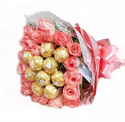 Roses n Ferrero Rocher chocolate bouquet delivery in Hyderabad