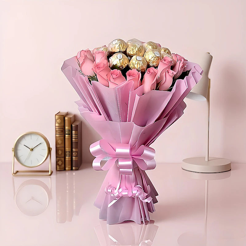 Pink rose bouquet with chocolates delivery in Madhapur